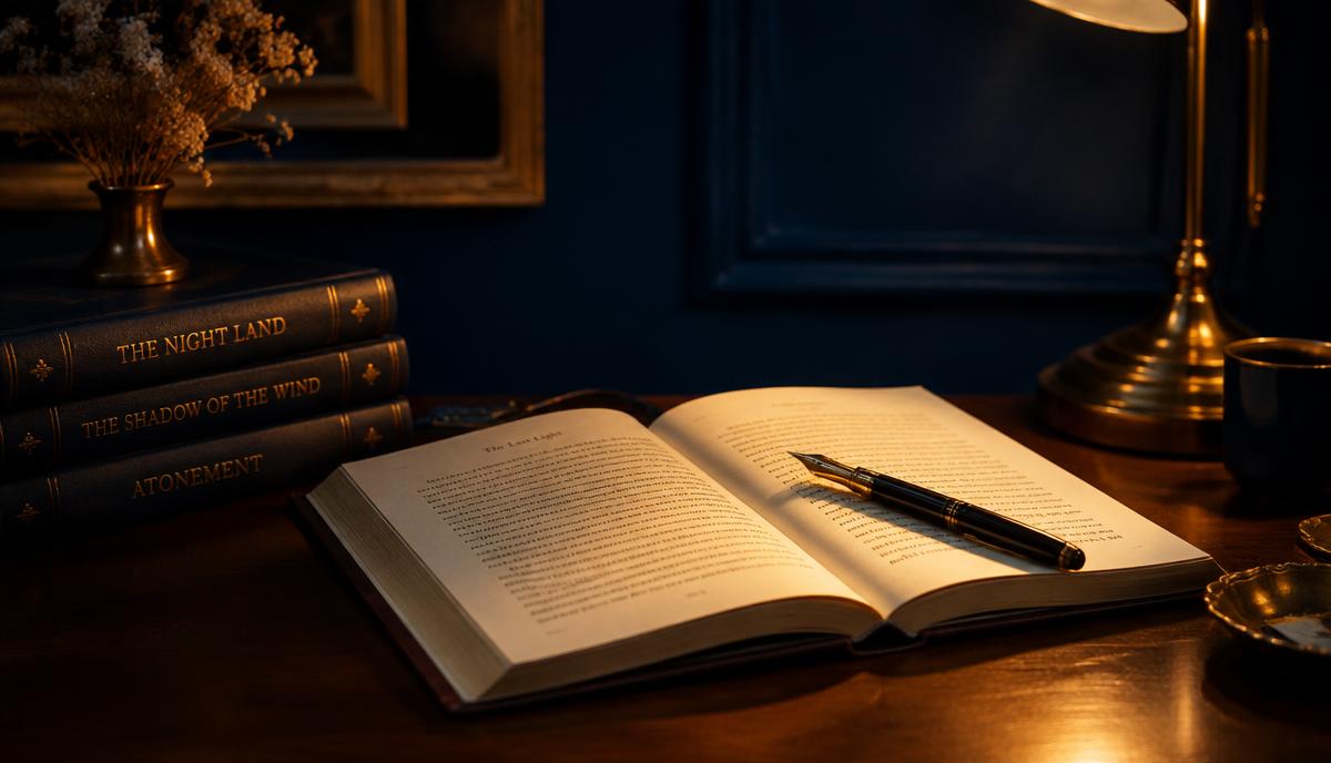Livro aberto com caneta tinteiro sobre a mesa