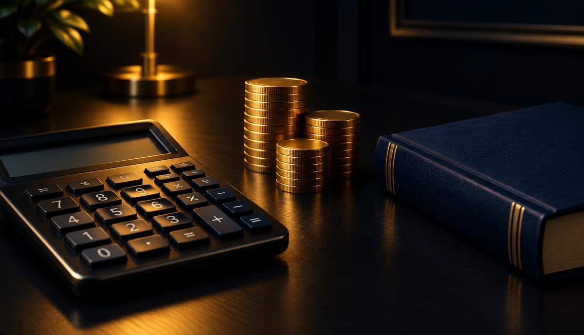 Calculadora, moedas e livro sobre a mesa