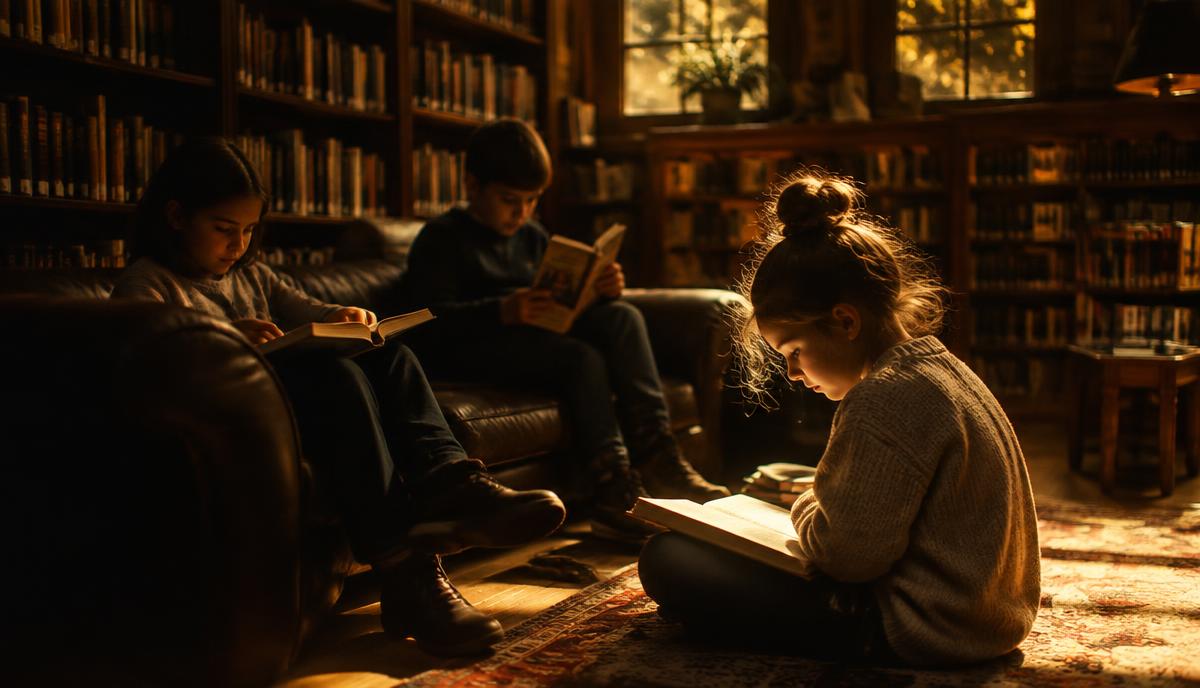 Crianças lendo livros em uma biblioteca