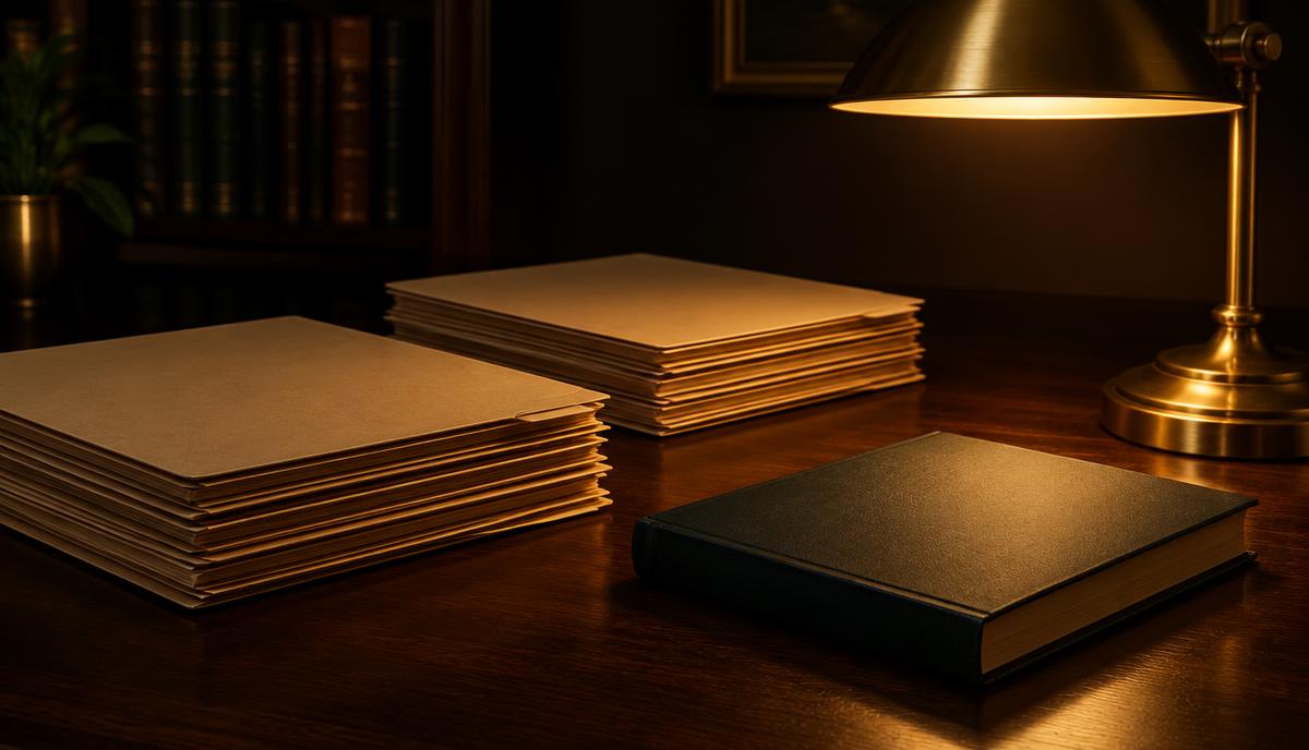 Pastas organizadas e um livro sobre a mesa